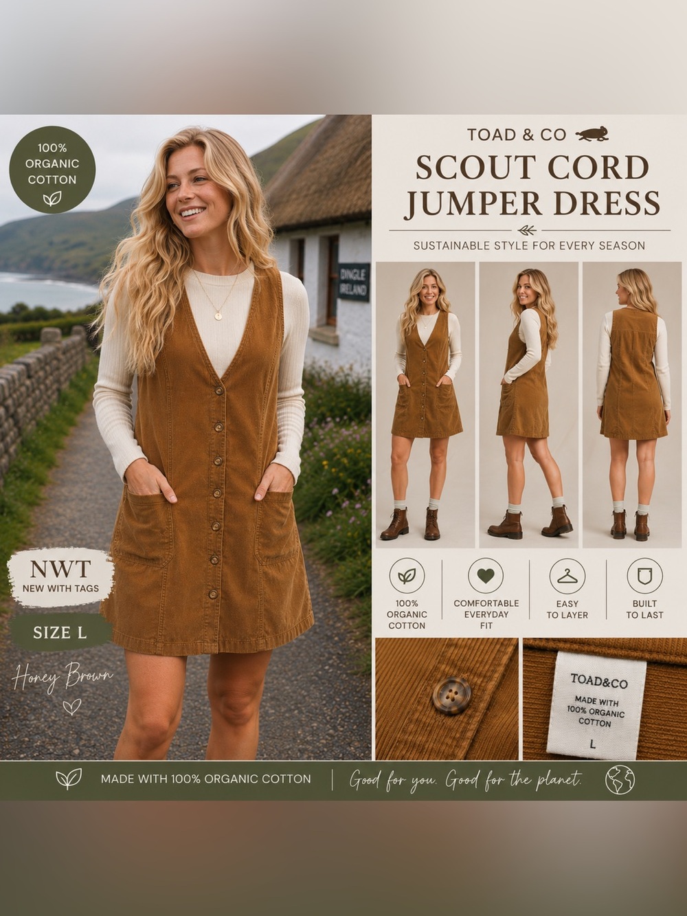 NWT | Toad & Co | Scout Cord Jumper Dress | 100% Organic | Honey Brown πΎ | L - Picture 1 of 6